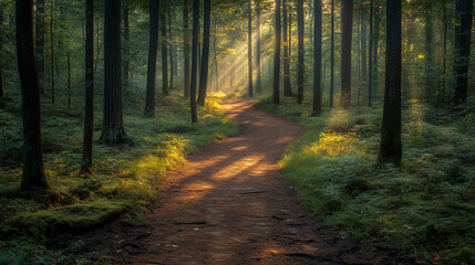 Fototapeta premium A serene forest scene with a path cleaned by volunteers, representing nature conservation. Bright lighting, contrast