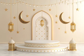 Islamic architecture, ornate white arch, golden crescent moon
