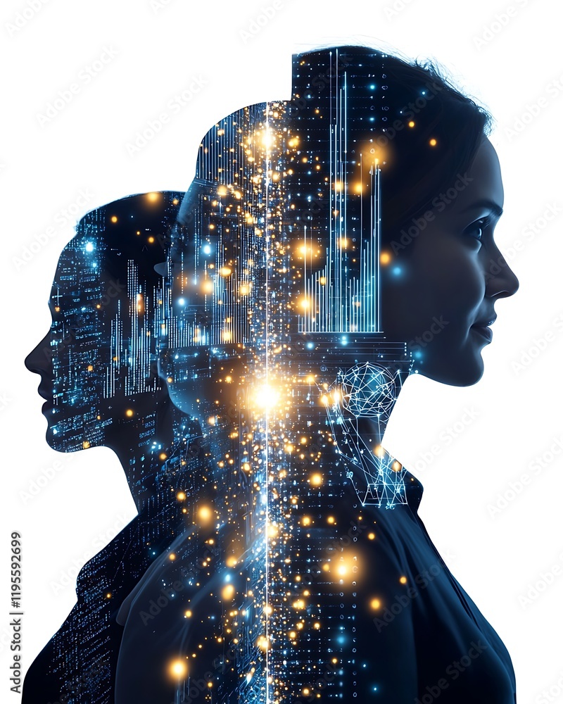 Poster diverse team of engineers collaborating double exposure, diverse double exposure of business and dat