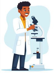 Happy scientist in a lab coat conducting experiments with a microscope - white backdrop