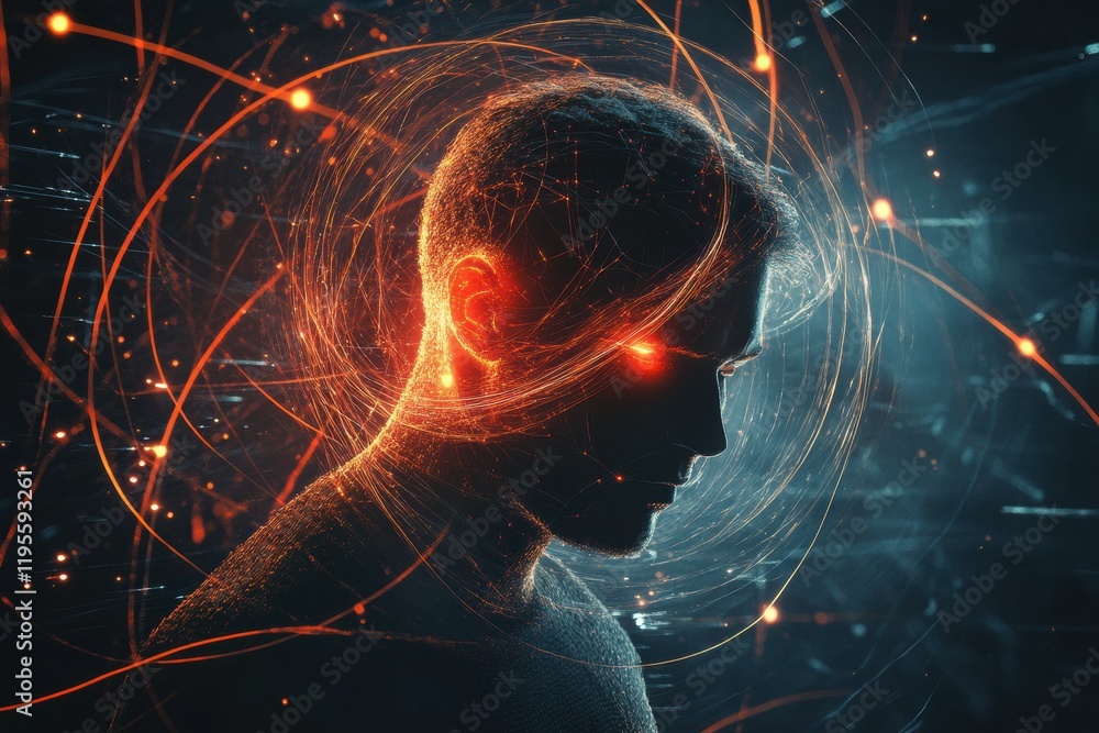 Leinwandbilder person immersed in swirling lines and abstract shapes amidst glowing energy patterns. generative ai