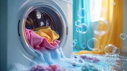 Colorful Laundry Overflowing from Washing Machine with Bubbles and Bright Drapes in a Modern Home Setting