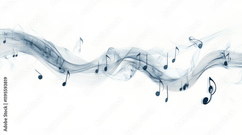 Poster musical notes floating and dancing on abstract blue smoke waves create a captivating visual represen