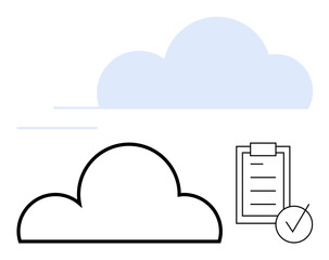 Minimalist design of a cloud and clipboard checklist with a checkmark. Ideal for cloud computing, data security, compliance, task management, digital organization, productivity tools, abstract line