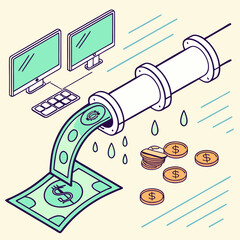 Creative illustration of money flowing through a digital pipeline
