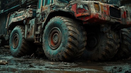 Obraz premium Mud-caked heavy-duty truck close-up.