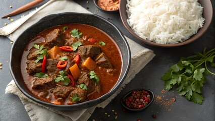 Delicious beef goulash served with fluffy white rice and fresh herbs in a cozy dining setting