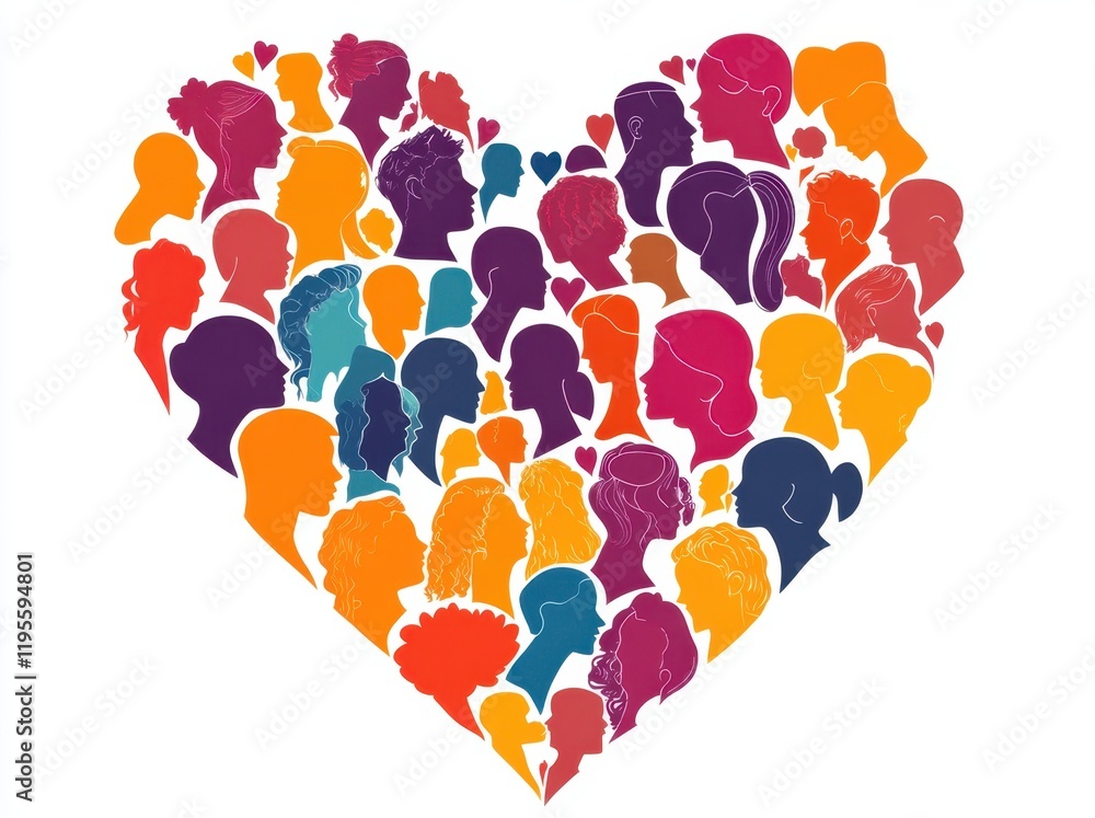 Poster a heart-shaped design filled with silhouettes of diverse faces, symbolizing unity and diversity in l