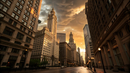 Sunset view of a city street canyon with tall skyscrapers and golden hour lighting