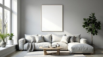 Serene Minimalist Living Room Interior Design with Large Blank Canvas and Comfortable Sectional Sofa