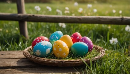 A collection of painted easter eggs celebrating a Happy Easter on a spring day with green grass meadow background with copy space