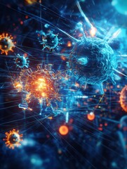 Obraz premium Antibodies engage and target various pathogens in a dynamic immune response visualization. Generative AI