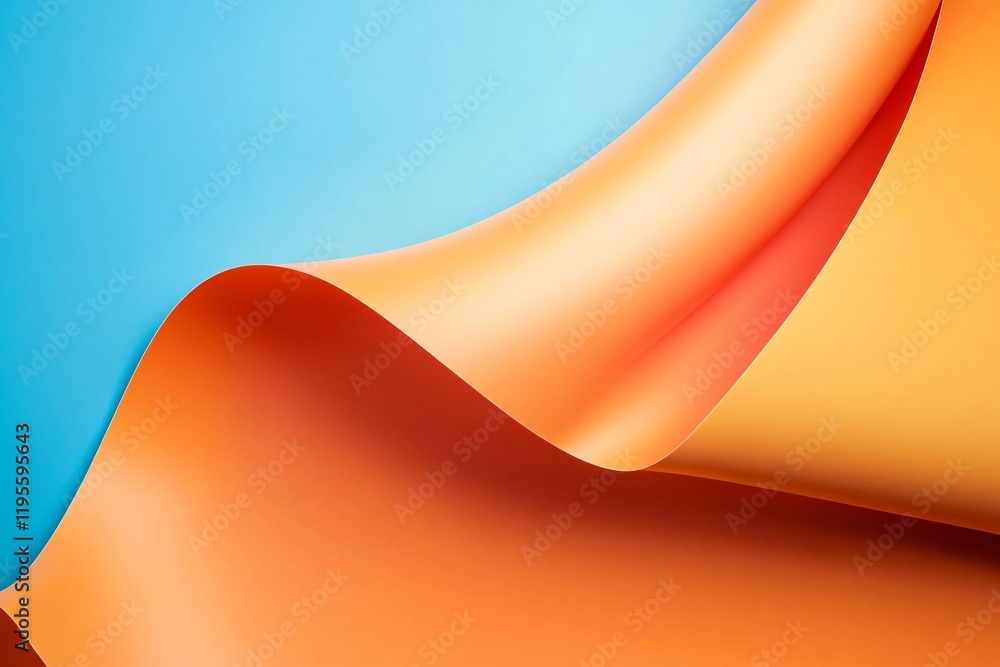 Poster abstract orange and yellow paper creating smooth waves on blue background