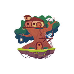 Vector illustration of a treehouse on a flying island on a white background
