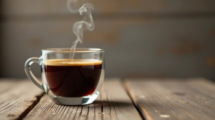 Aromatic Dark Roast Coffee in a Glass Mug on Rustic Wooden Table
