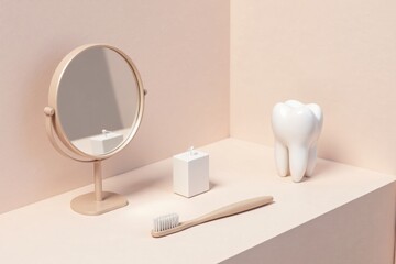 A minimalist still life featuring a vanity mirror, toothbrush, and a model tooth, arranged on a neutral-toned surface.