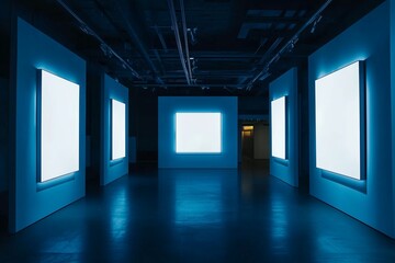 Vast gallery with blank white frames in blue lighting.
