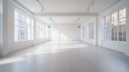 Fototapeta premium Bright and Spacious Empty Room with Large Windows and Clean Wooden Floor Ideal for Various Creative Projects