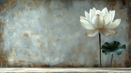 White lotus flower against textured wall background.