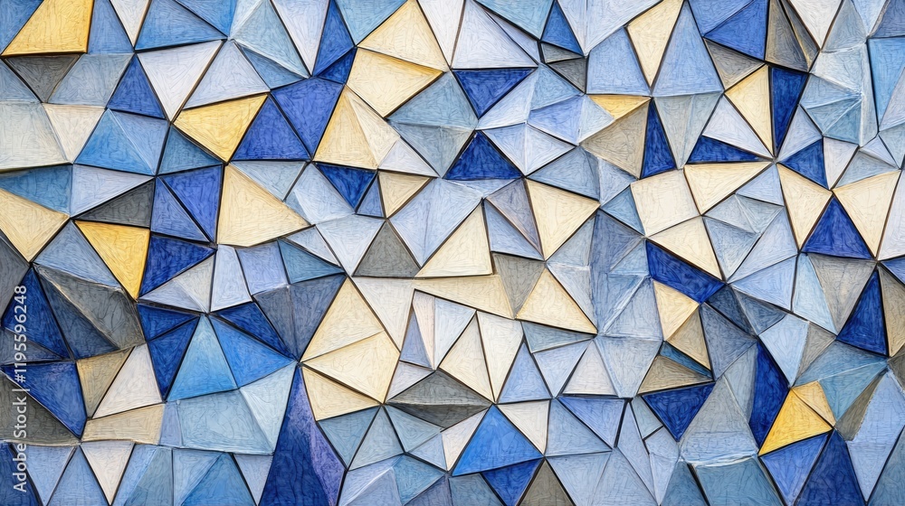 Poster geometric abstract mosaic with low-poly triangular shapes in soft blue and gray hues for a calming e