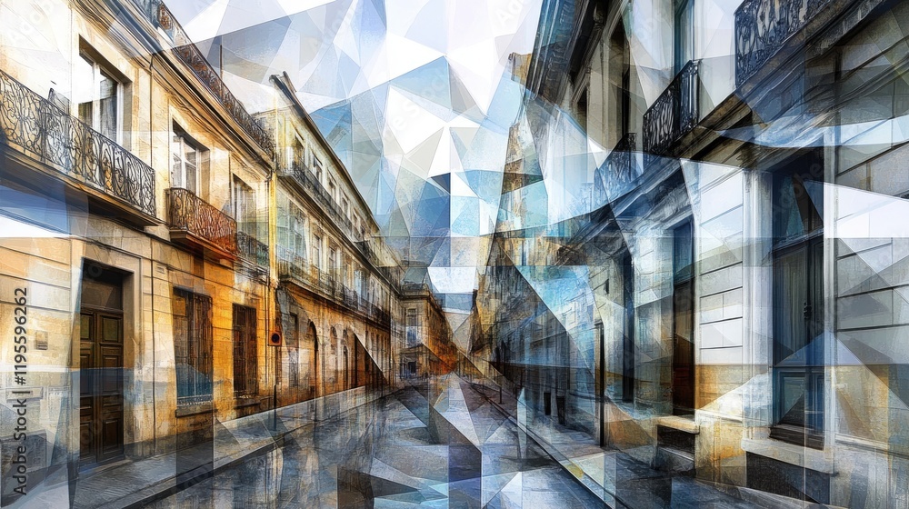Poster geometric abstract mosaic with low-poly triangular shapes in soft blue and gray hues for a calming e