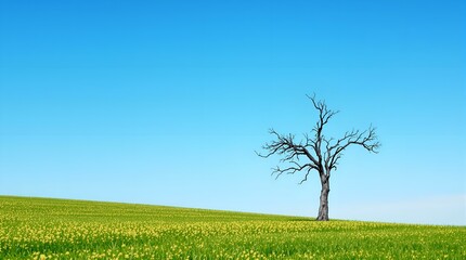Fototapeta premium single old tree without leaves on empty green fields, against a clear blue sky. dead tree wallpaper background