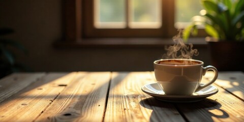 Warm Morning Coffee on Rustic Wood Table with Sunlight Streaming Through Window