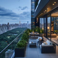 Luxury apartment balcony overlooking a cityscape and park at twilight.