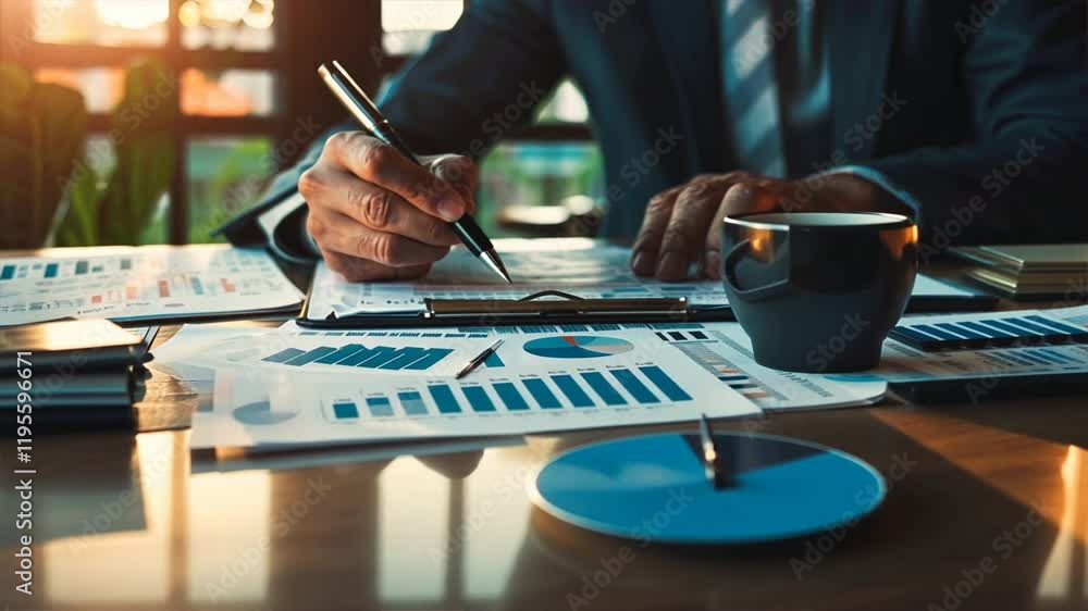 Aufkleber Business Professional Analyzes Financial Reports and Charts with Coffee, Enhancing Productivity in Document Filled Work Environment with Graphs and Notepad.