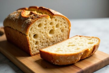 Artisan Loaf of Crusty Bread, Golden Brown and Airy Interior, Sliced on Wooden Cutting Board