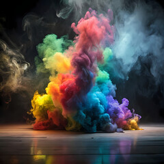 Vibrant Rainbow Colored Smoke Exploding on Wood Floor Artistic Background blue dark image photo     
