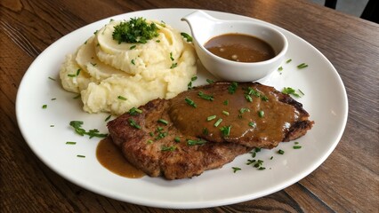 Delicious overhead view of beef schnitzel served with creamy mashed potatoes and savory gravy
