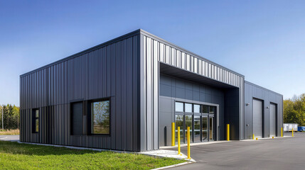 Modern Industrial Building with Sleek Metal Facade and Clear Blue Sky, Designed for Versatile Use in Commercial or Industrial Applications