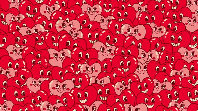 Animated Pattern background of shiny Pink and Red Smiling Hearts moving smoothly and gently. Sea of smiling hearts wallpaper. Concept of Valentine&rsquo;s Day, San Valentin, love, romance, feminine.