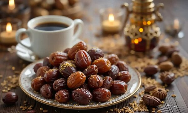 Closeup of dried dates on a saucer and a cup of coffee on a wooden table ready to eat during Iftar Islamic Religion Ramadan Kareem Muslim Dinner Holiday concepts