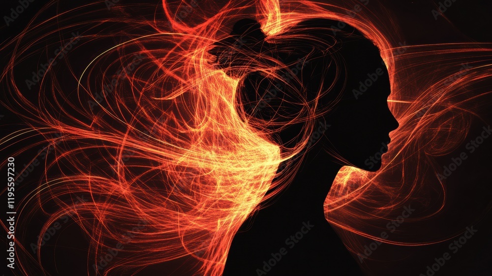 Fototapete Person surrounded by swirling lines and abstract shapes in vivid colors at night creating a mesmerizing visual effect. Generative AI