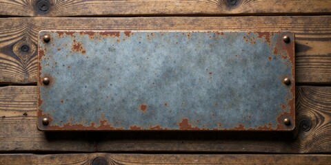Rustic Weathered Metal Plaque on Aged Wooden Surface, Ideal for Vintage Design Projects and Rustic Backgrounds