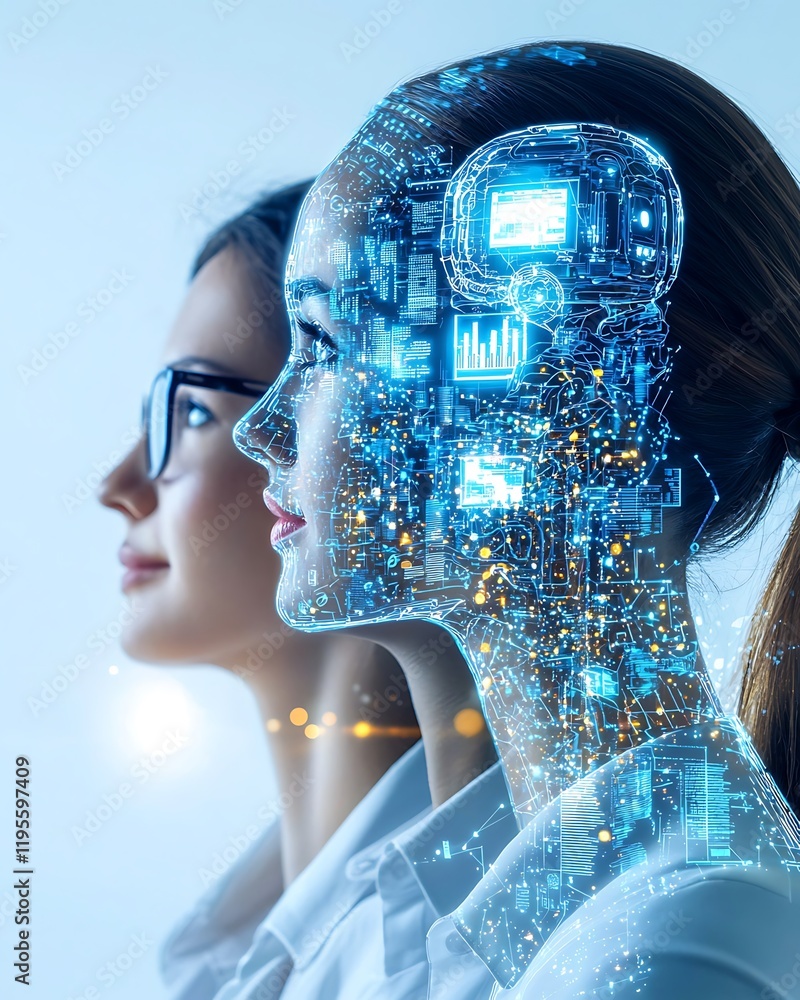 Poster diverse team of engineers collaborating double exposure, diverse team analyzing data with technology