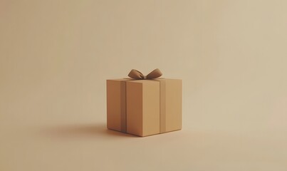 Obraz premium Simple beige gift box with bow on light background.