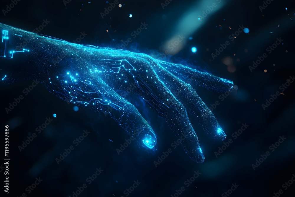 Poster futuristic robotic hand rendered with glowing circuits in a dimly lit scene