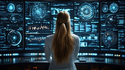 Woman viewing multiple screens displaying digital data