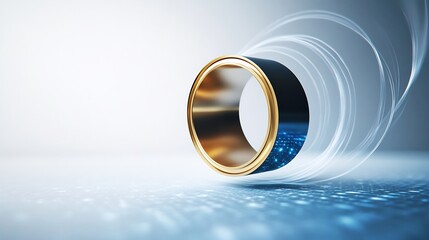 Sleek gold ring subtly glows blue light digital swirls. AI Generated