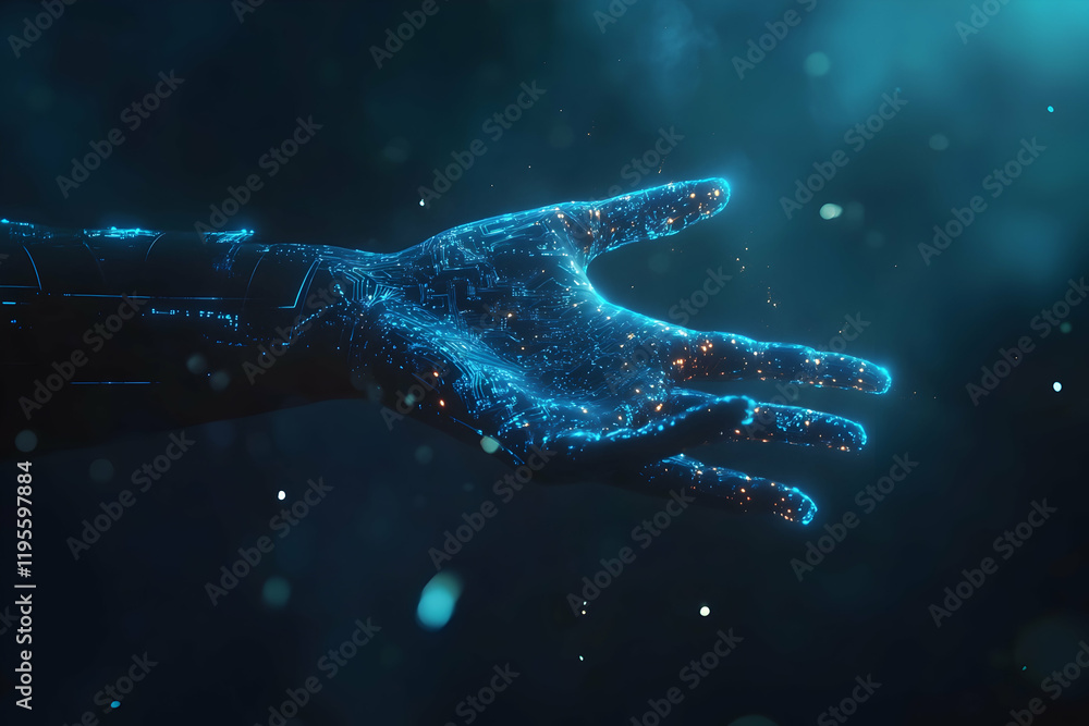 Poster futuristic robotic hand rendered with glowing circuits in a dimly lit scene