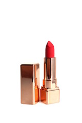There is a red lipstick with a cap on a white background.