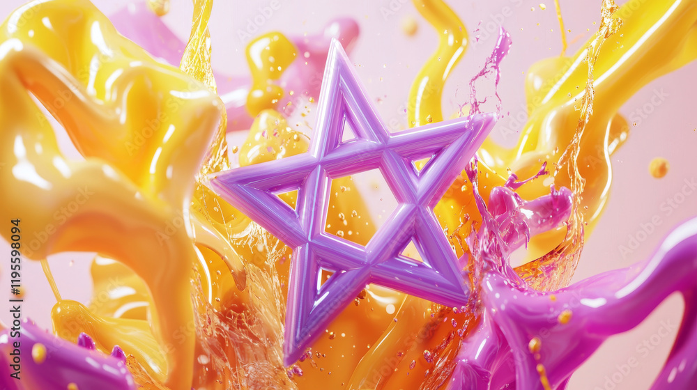 Poster vibrant abstract composition with colorful splashes and geometric star. concept of artistic expressi