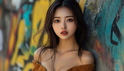 Naklejka premium korean model against a graffiti wall