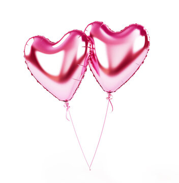 Heart shape foil Balloons. Pink helium shiny foil 3d balloons on white background.