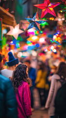 Vibrant Middle Eastern Marketplace with Colorful Star Decorations Concept of Cultural Celebrations and Festive Shopping Atmosphere. Purim. Vertical
