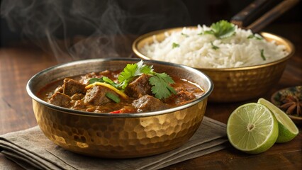 Beef madras curry served with rice and lime on a rustic wooden table