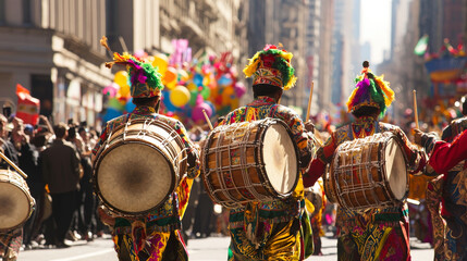 Vibrant Purim Carnival Parade with Colorful Drummers and Festive Atmosphere. Concept of Cultural Celebrations, Traditional Music